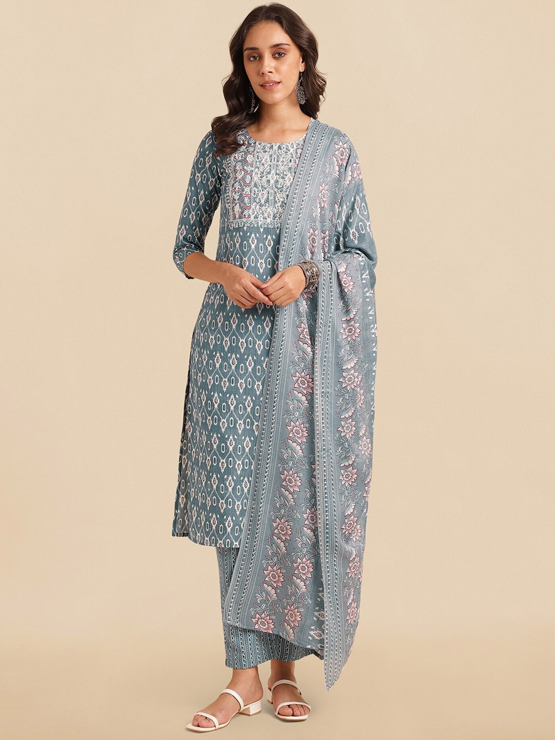 

KALINI Ethnic Motifs Printed Pure Cotton Kurta With Trousers & Dupatta, Grey