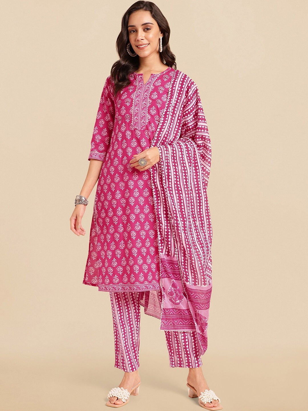 

KALINI Ethnic Motifs Printed Pure Cotton Kurta With Trousers & Dupatta, Pink