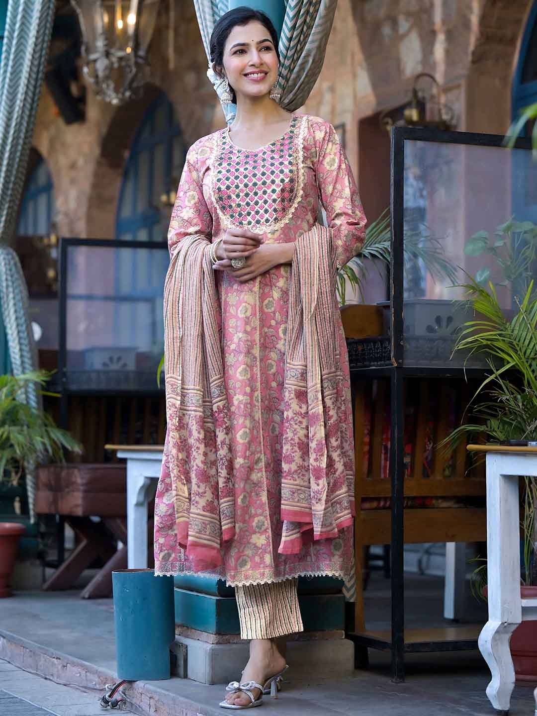 

KALINI Pink Floral Printed Gotta Patti Pure Cotton Kurta with Trousers &Dupatta