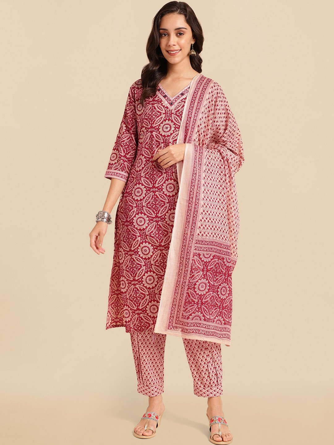 

KALINI Maroon Floral Printed Sequinned Pure Cotton Kurta with Salwar & Dupatta