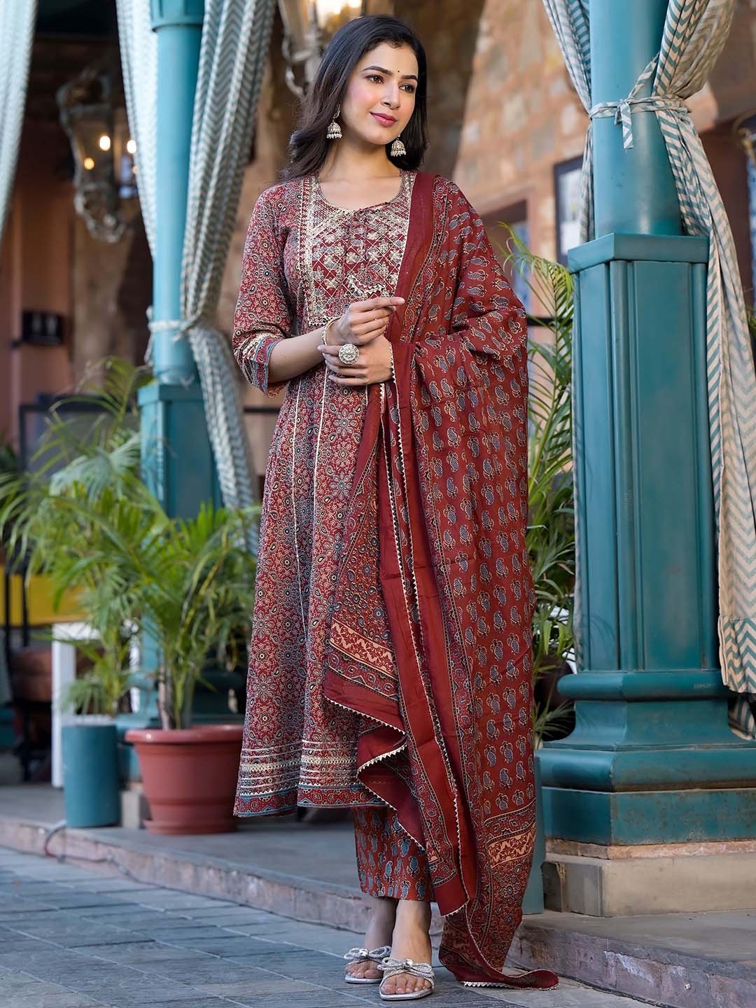 

KALINI Maroon Ethnic Printed Sequinned Pure Cotton Kurta with Trousers & Dupatta