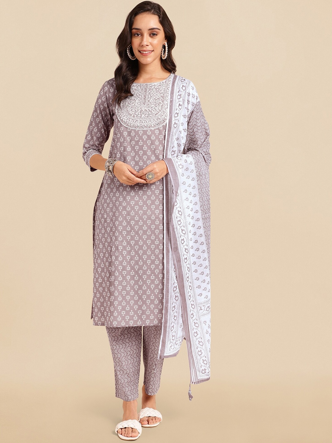 

KALINI Brown Floral Printed Thread Work Pure Cotton Kurta with Trousers & Dupatta