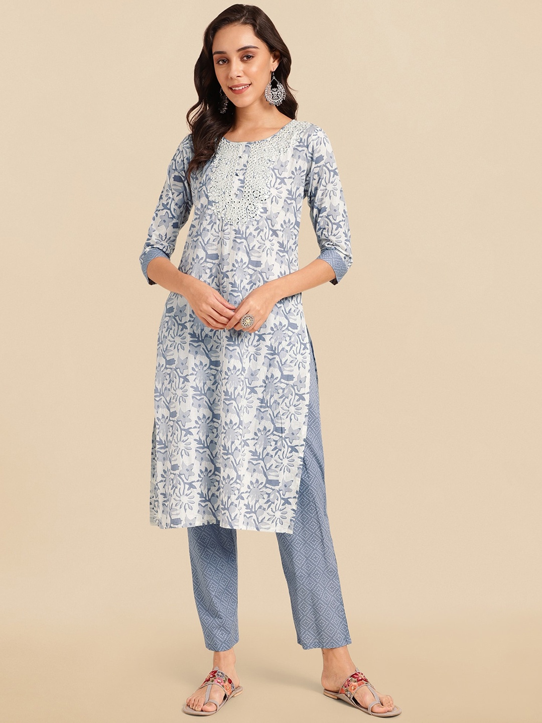KALINI Grey Floral Printed Mirror Work Pure Cotton Kurta with Trousers
