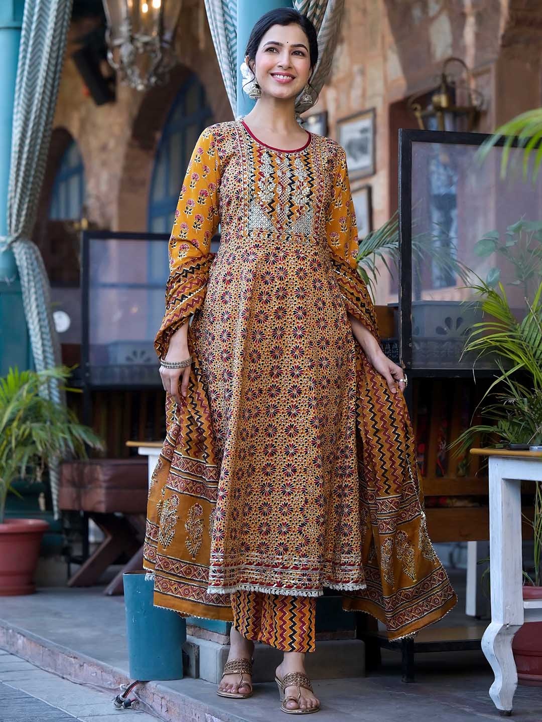 

KALINI Rust Floral Printed Gotta Patti Pure Cotton Kurta with Trousers & Dupatta