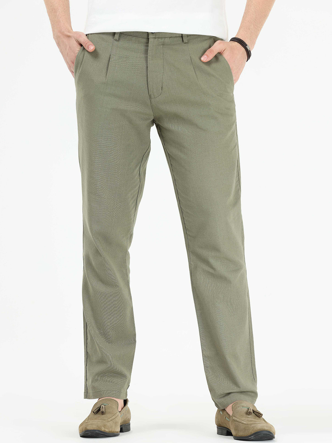 

Tailoraedge Men Tailored Slim Fit Pleated Cotton Chinos Trousers, Olive