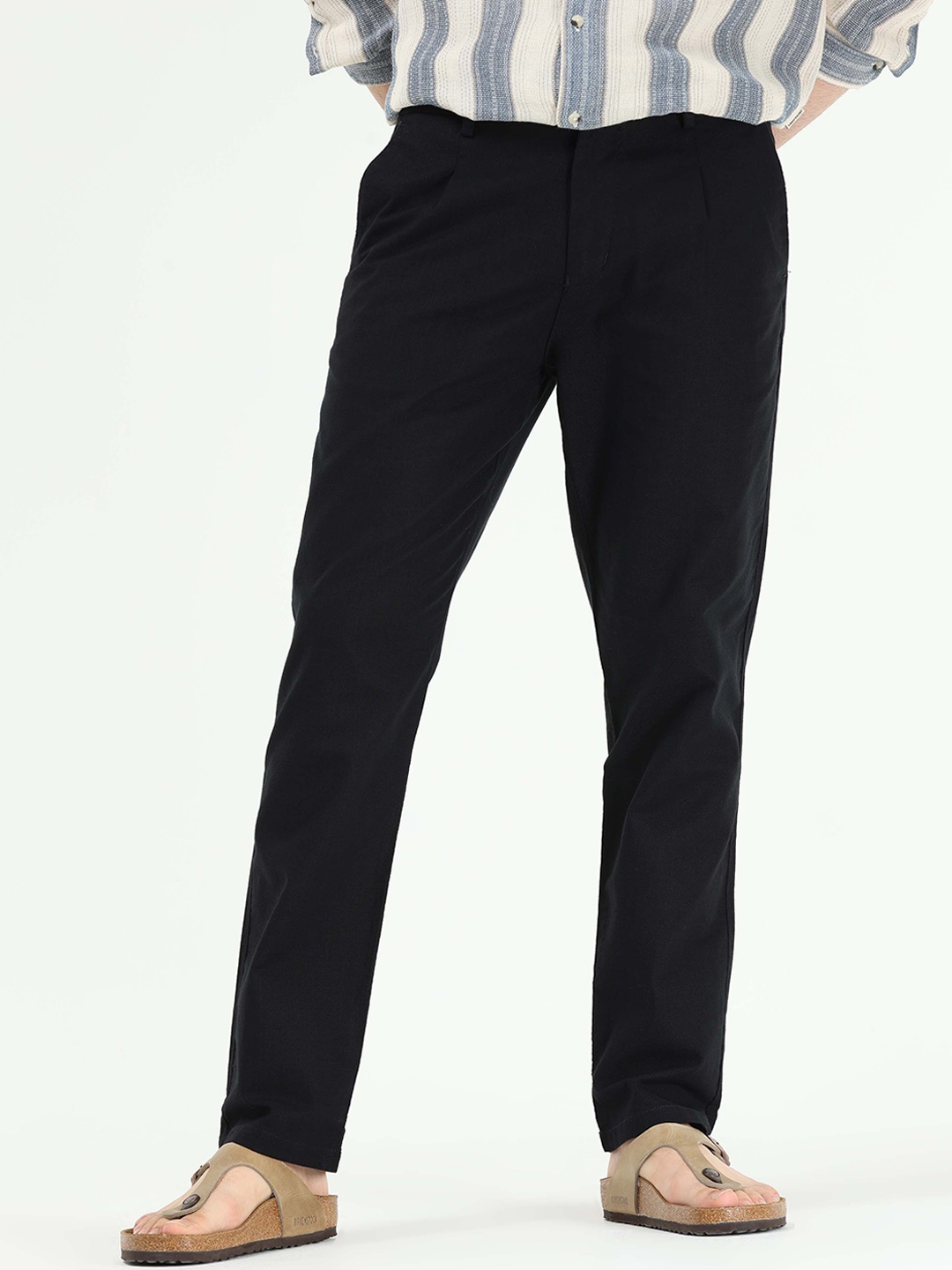 Tailoraedge Men Tailored Slim Fit Mid-Rise Cotton Trousers, Black