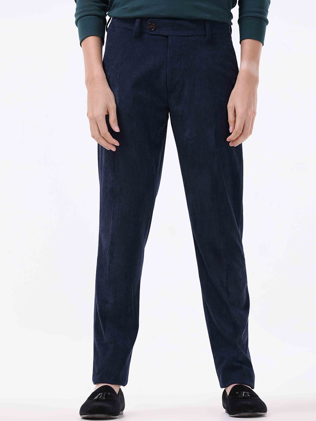 

Tailoraedge Men Tailored Mid-Rise Slim Fit Cotton Trousers, Navy blue