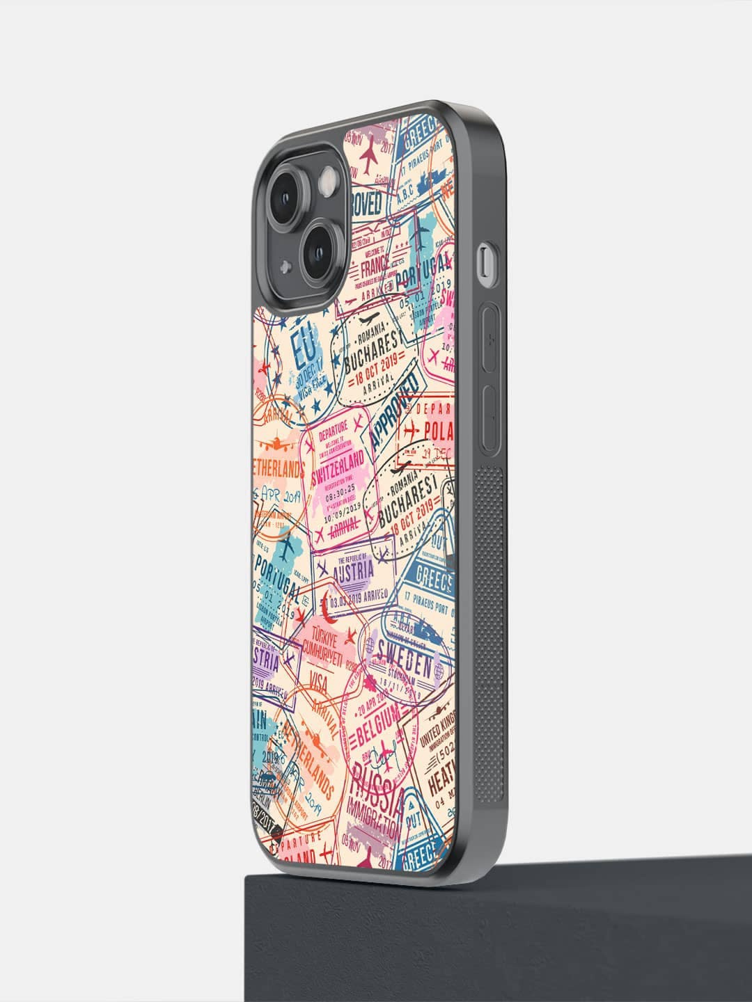 

macmerise Immigration Stamps Printed iPhone 14 Bumper Case Cover, Beige