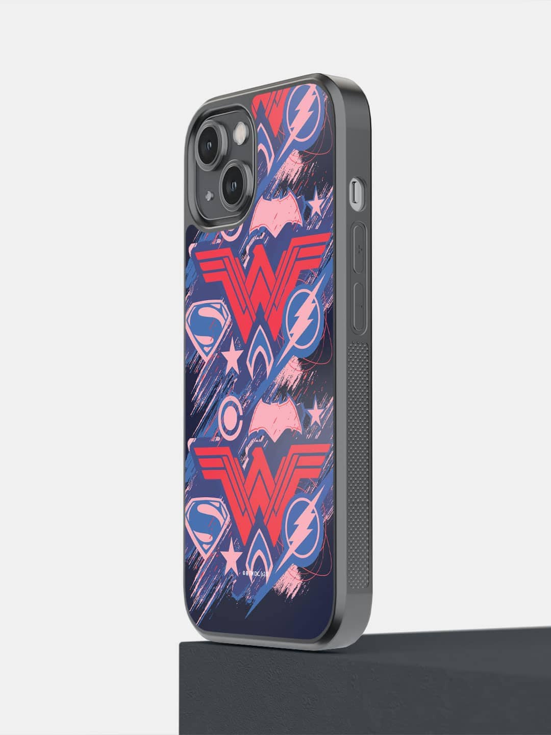 

macmerise Justice League Scribbled Logos IPhone 14 Bumper Case Cover, Blue