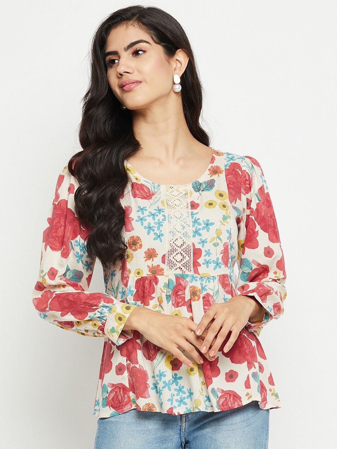 

Ruhaans Floral Printed Cuffed Sleeve Lace Inserts Cotton Regular Top, Red