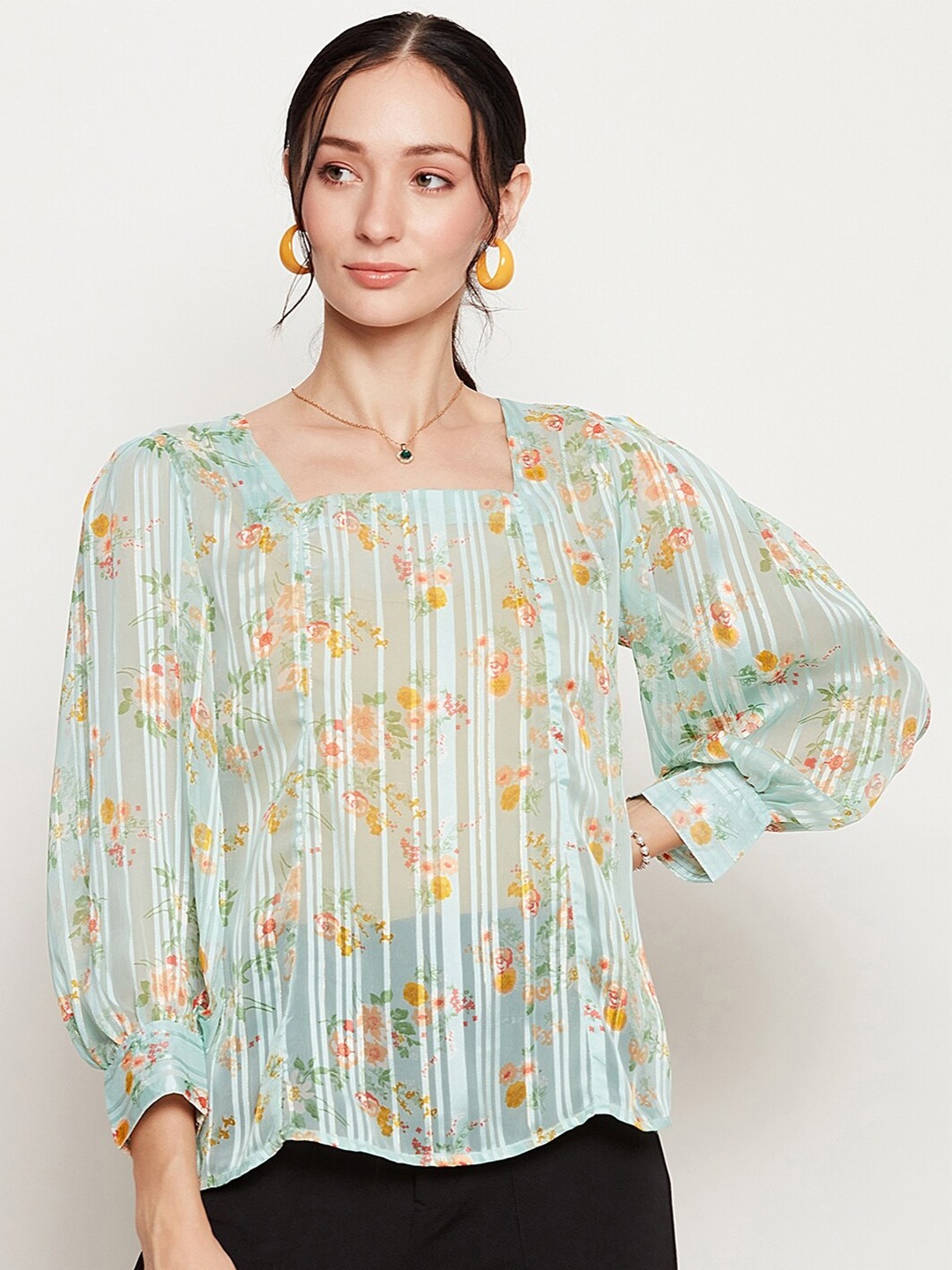 

Ruhaans Floral Printed Square Neck Puff Sleeve Satin Regular Top, Green