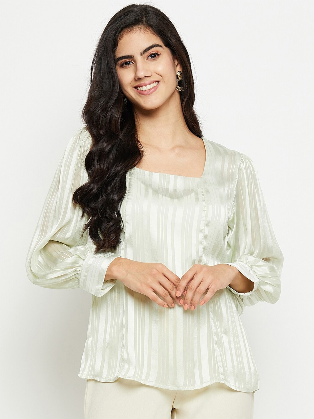 

Ruhaans Vertical Striped Square Neck Puff Sleeve Satin Regular Top, Green