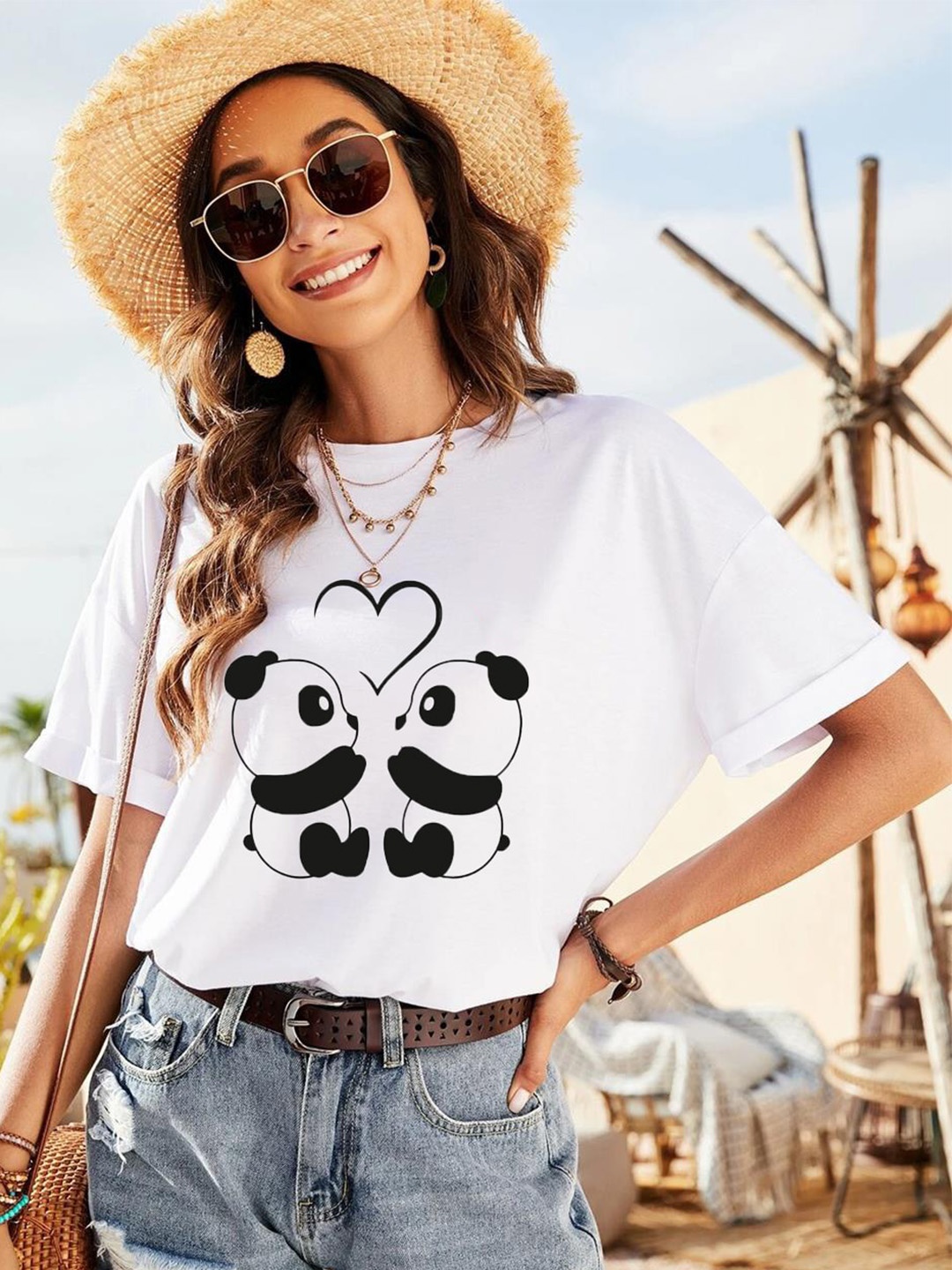 

Kotty Graphic Printed Round Neck Drop-Shoulder Sleeves Oversized T-shirt, White