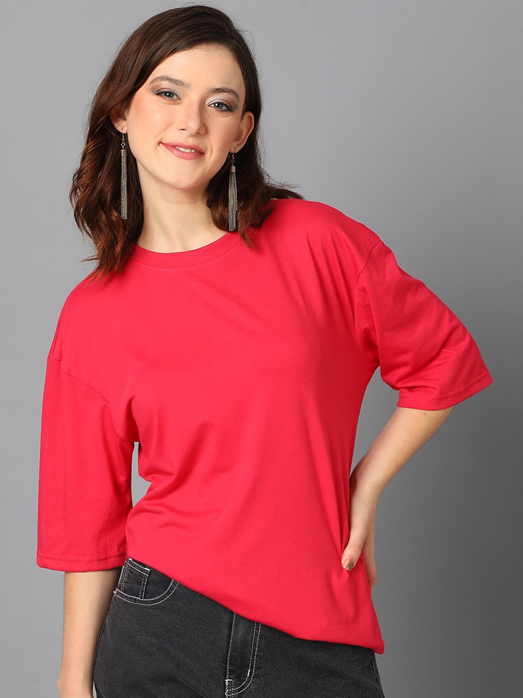 

KOTTY Basics Round Neck Drop-Shoulder Sleeves Oversized T-shirt, Red