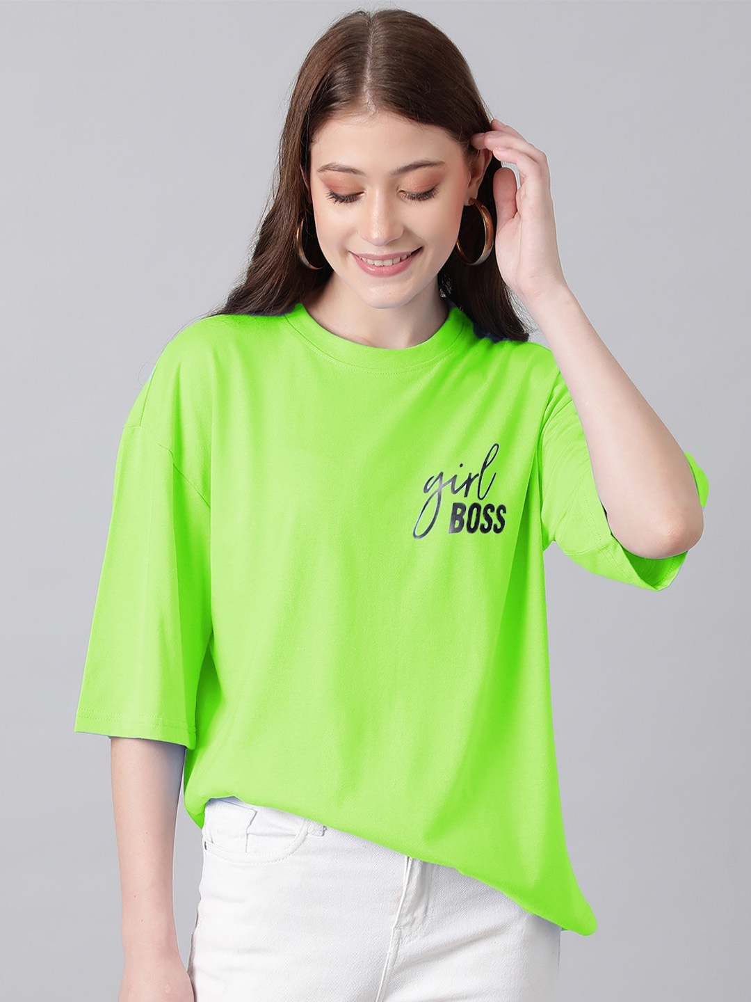 

Kotty Round Neck Typography Printed Drop-Shoulder Sleeves Oversized T-shirt, Green