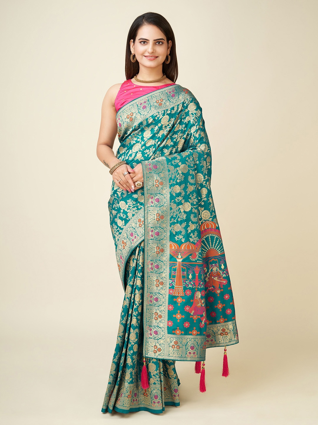 

Trendmalls Woven Design Zari Banarasi Saree, Turquoise blue