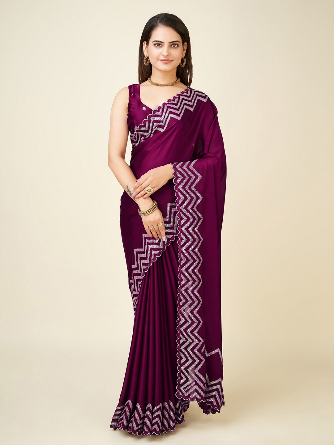 

Trendmalls Sequinned Pure Silk Leheriya Saree, Purple
