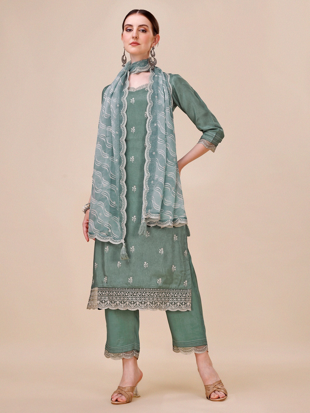 

Seerat Embroidery Silk Straight Kurta With Trousers And Printed Dupatta, Olive