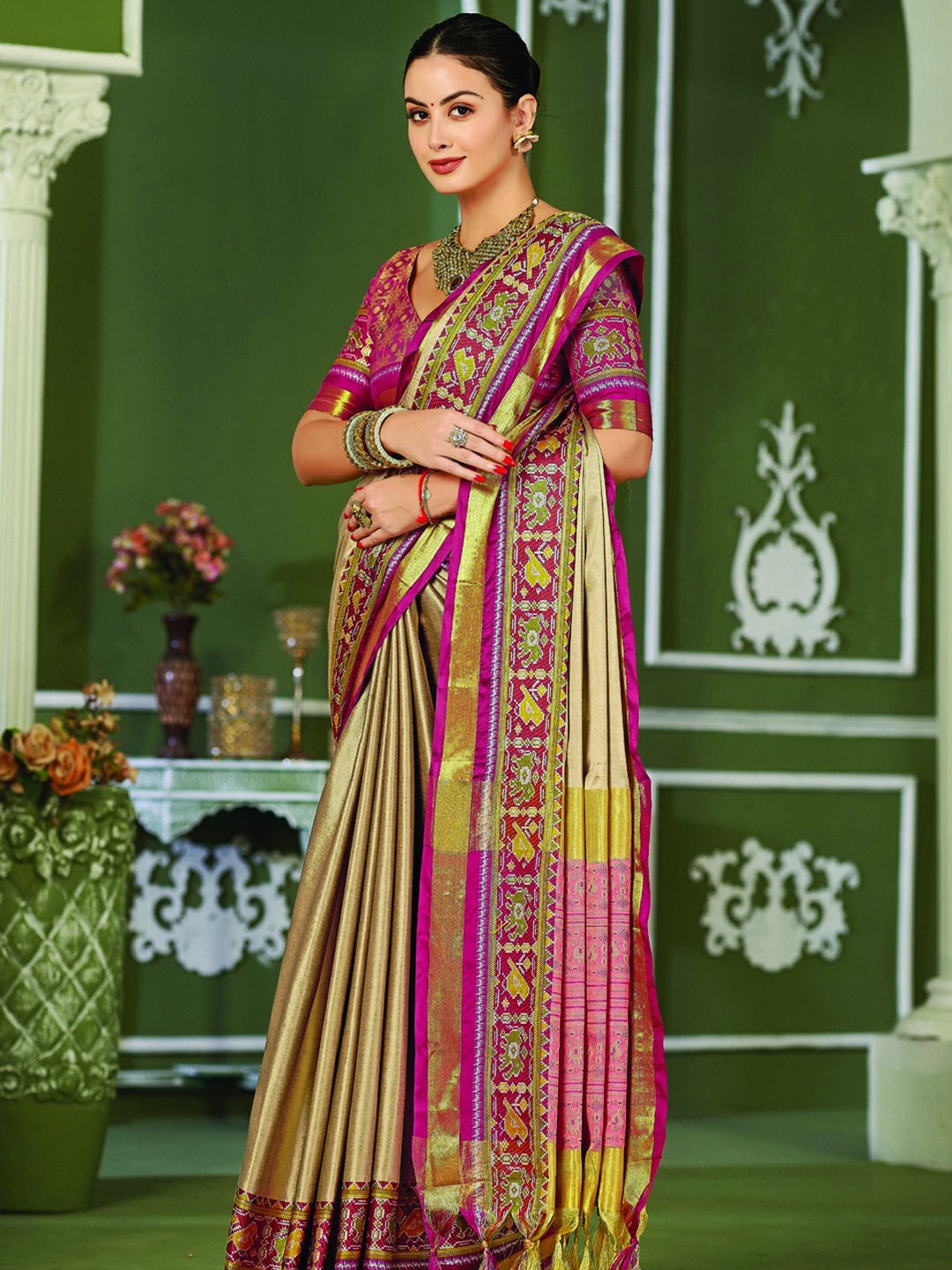 

Mitera Beige & Pink Zari Pure Silk Banarasi Saree