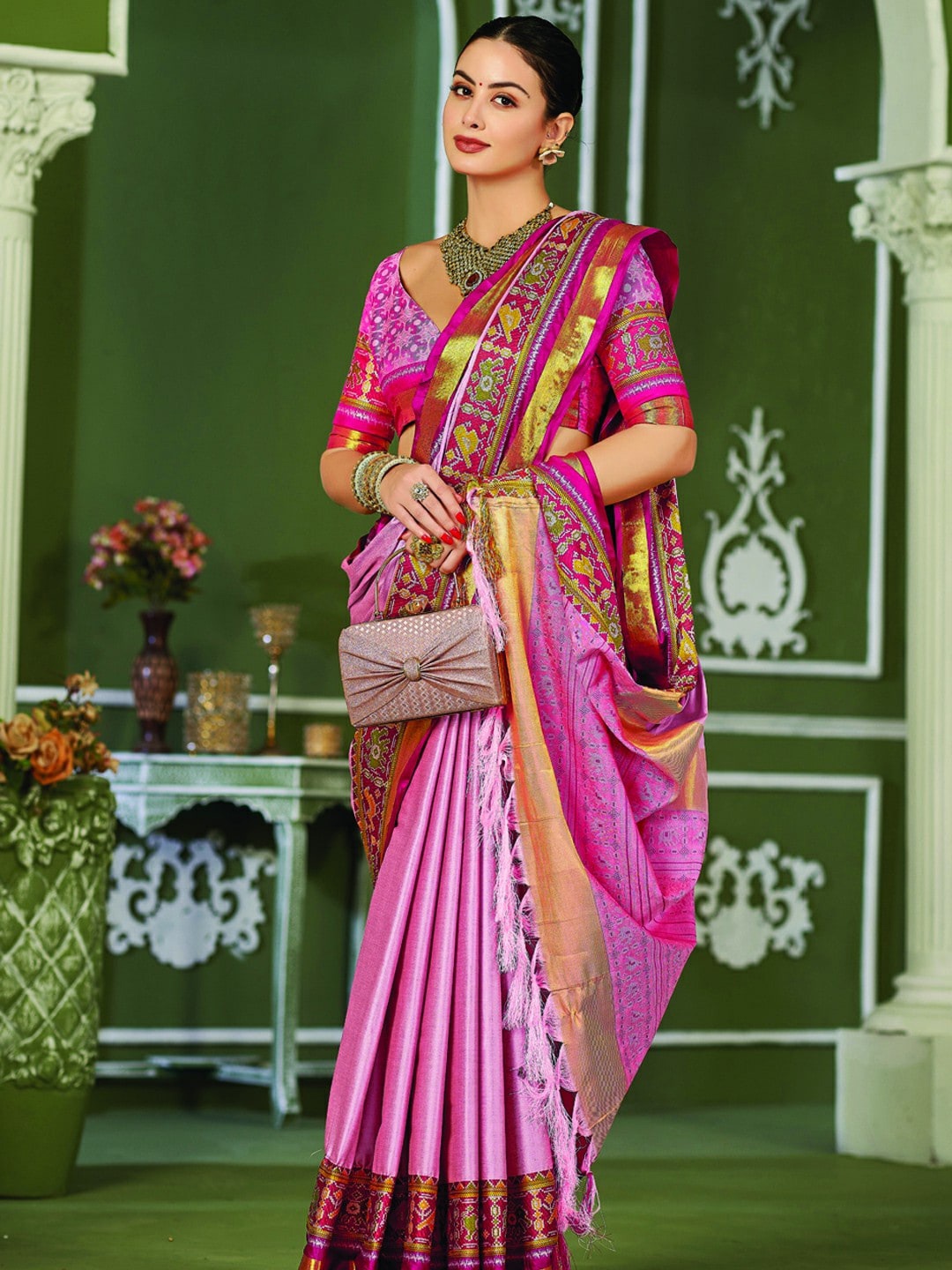 

Mitera Peach-Coloured & Pink Zari Pure Silk Banarasi Saree