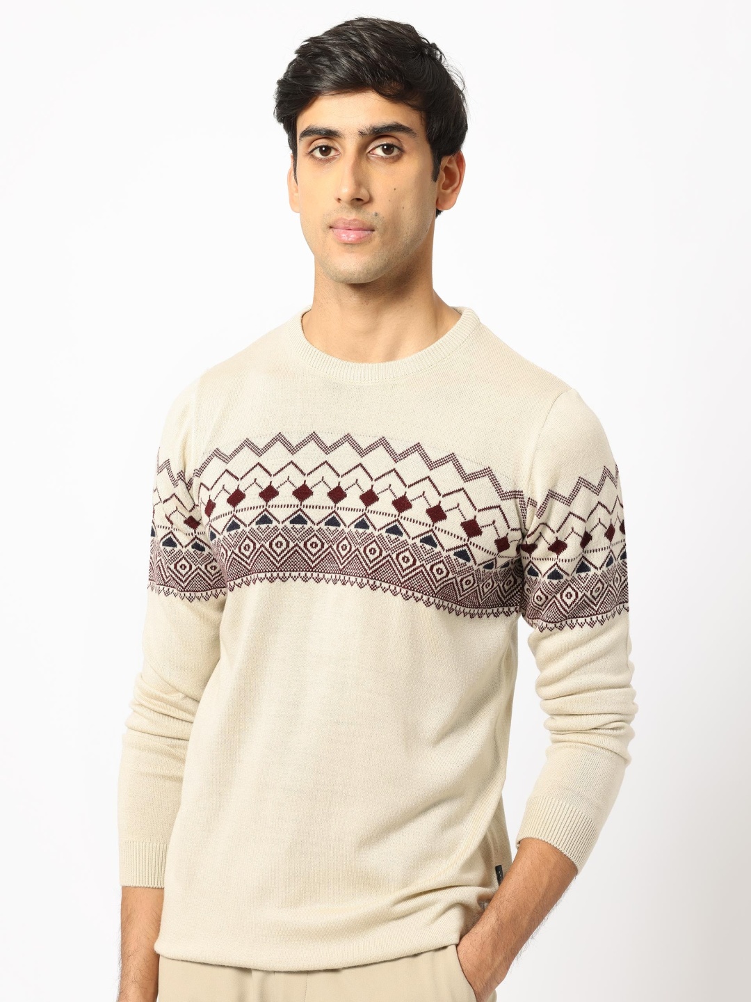

RARE RABBIT Men Puzzle Crew Neck Quirky Sweater, Off white