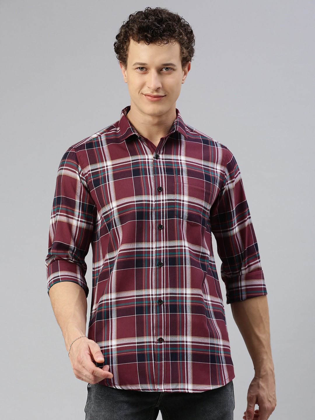 

Cross Court Classic Tartan Checked Spread Collar Casual Shirt, Burgundy