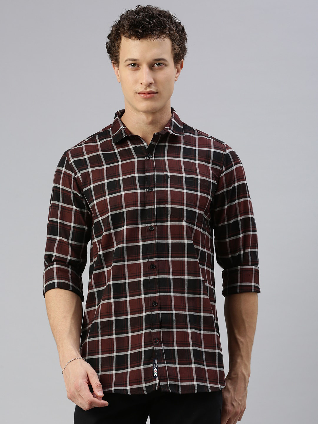 

Cross Court Classic Windowpane Checked Spread Collar Casual Shirt, Brown
