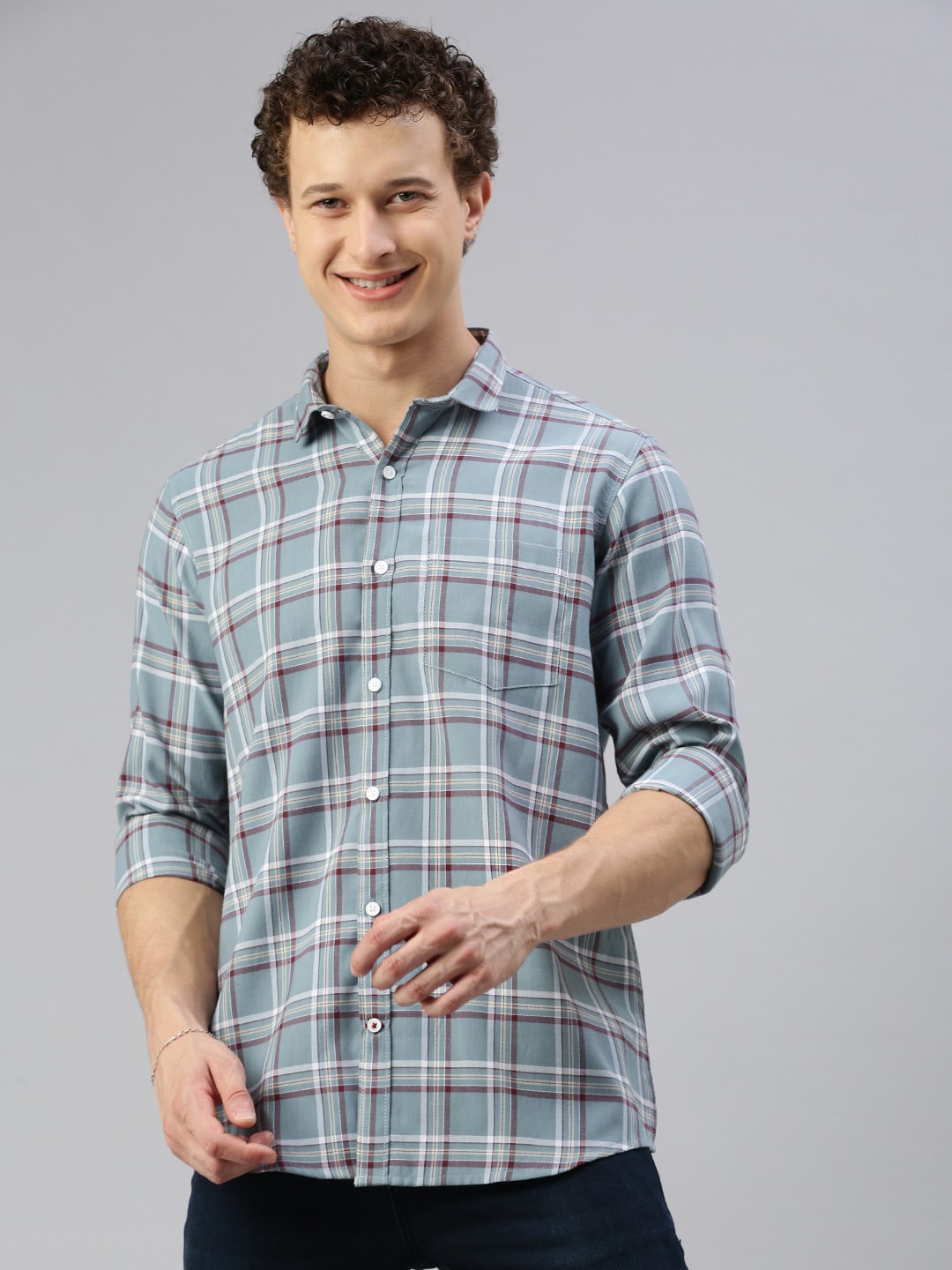 

Cross Court Classic Tartan Checked Spread Collar Casual Shirt, Grey