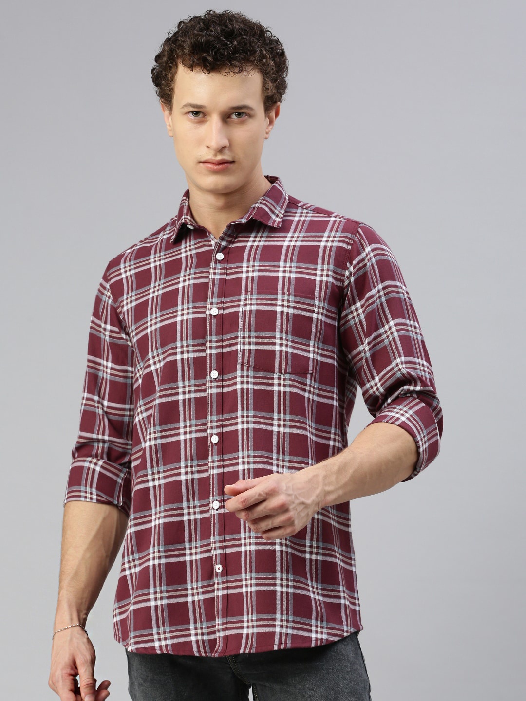 

Cross Court Classic Tartan Checked Spread Collar Casual Shirt, Burgundy