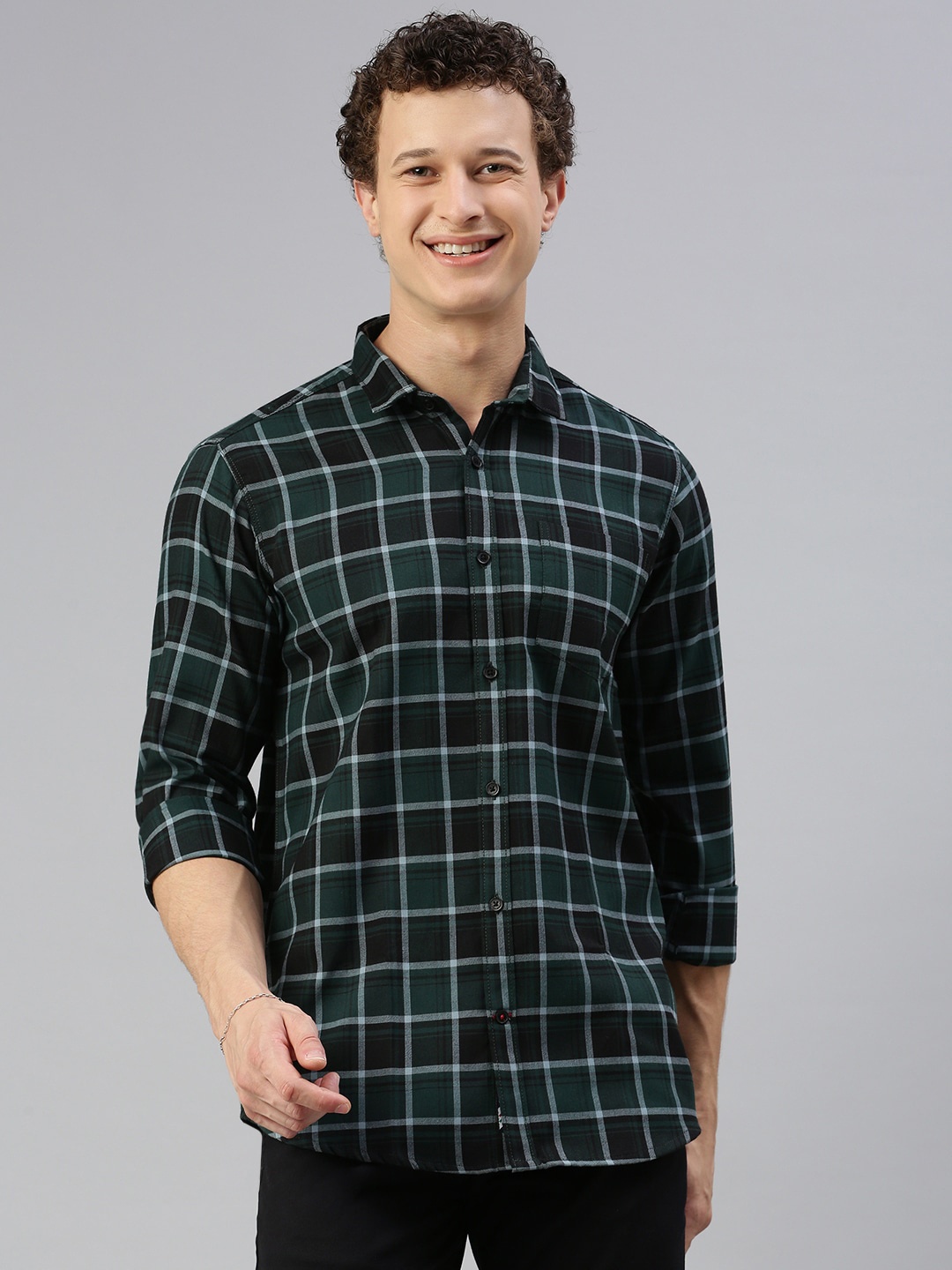 

Cross Court Classic Windowpane Checked Spread Collar Casual Shirt, Teal