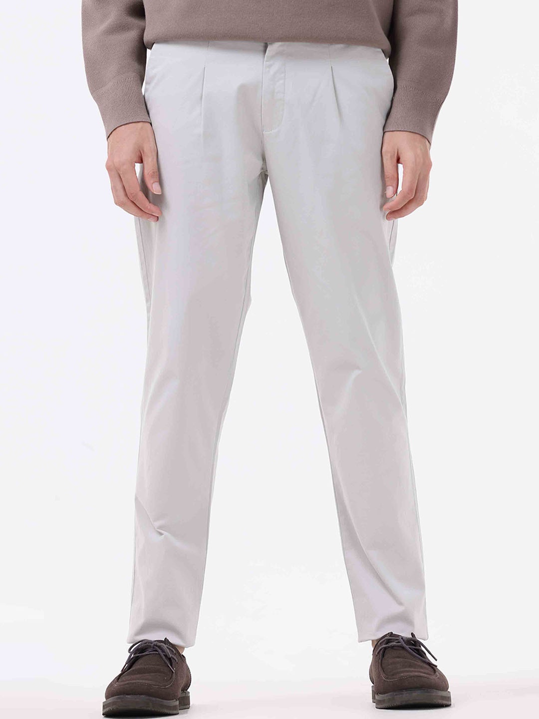 

Tailoraedge Men Tailored Slim Fit Pleated Cotton Trousers, White