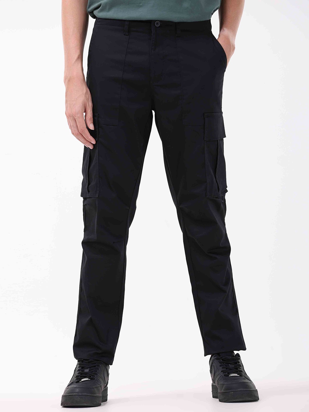 Tailoraedge Men Tailored Slim Fit Cotton Cargos Trousers, Black