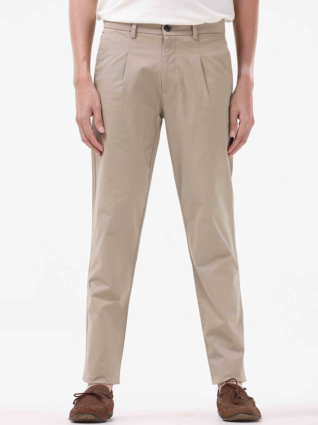 

Tailoraedge Men Mid-Rise Cotton Tailored Slim Fit Pleated Trousers, Khaki