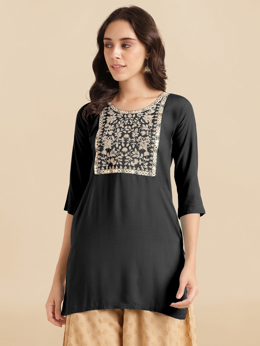 

KALINI Floral Embroidered Sequinned Straight Kurti, Black