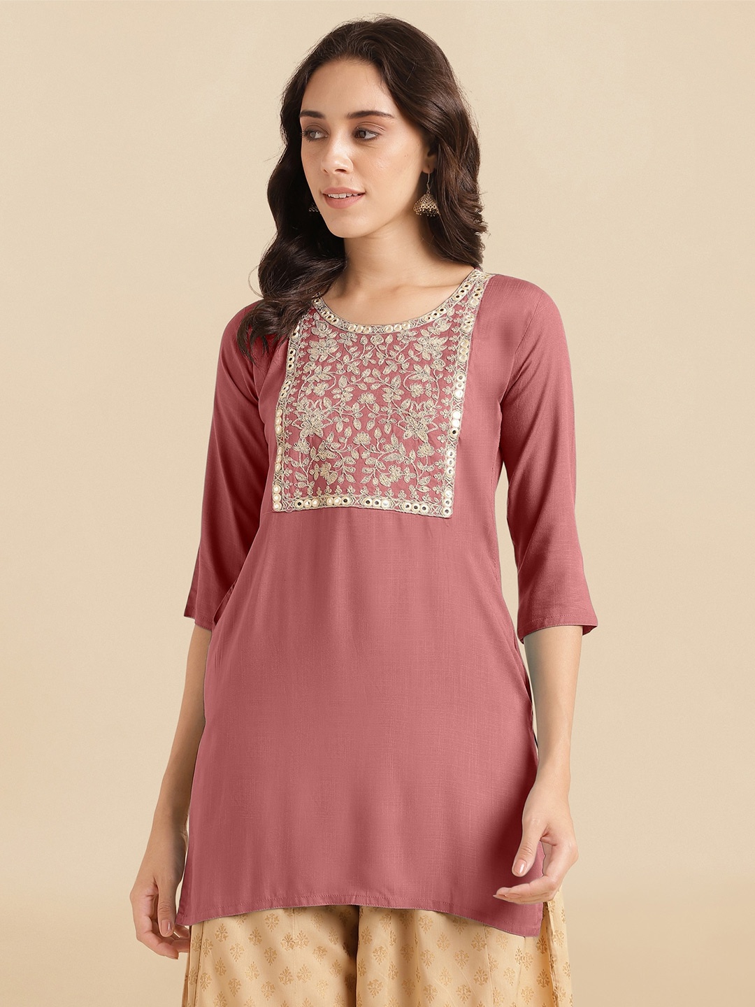 

KALINI Floral Yoke Design Straight Kurti, Pink