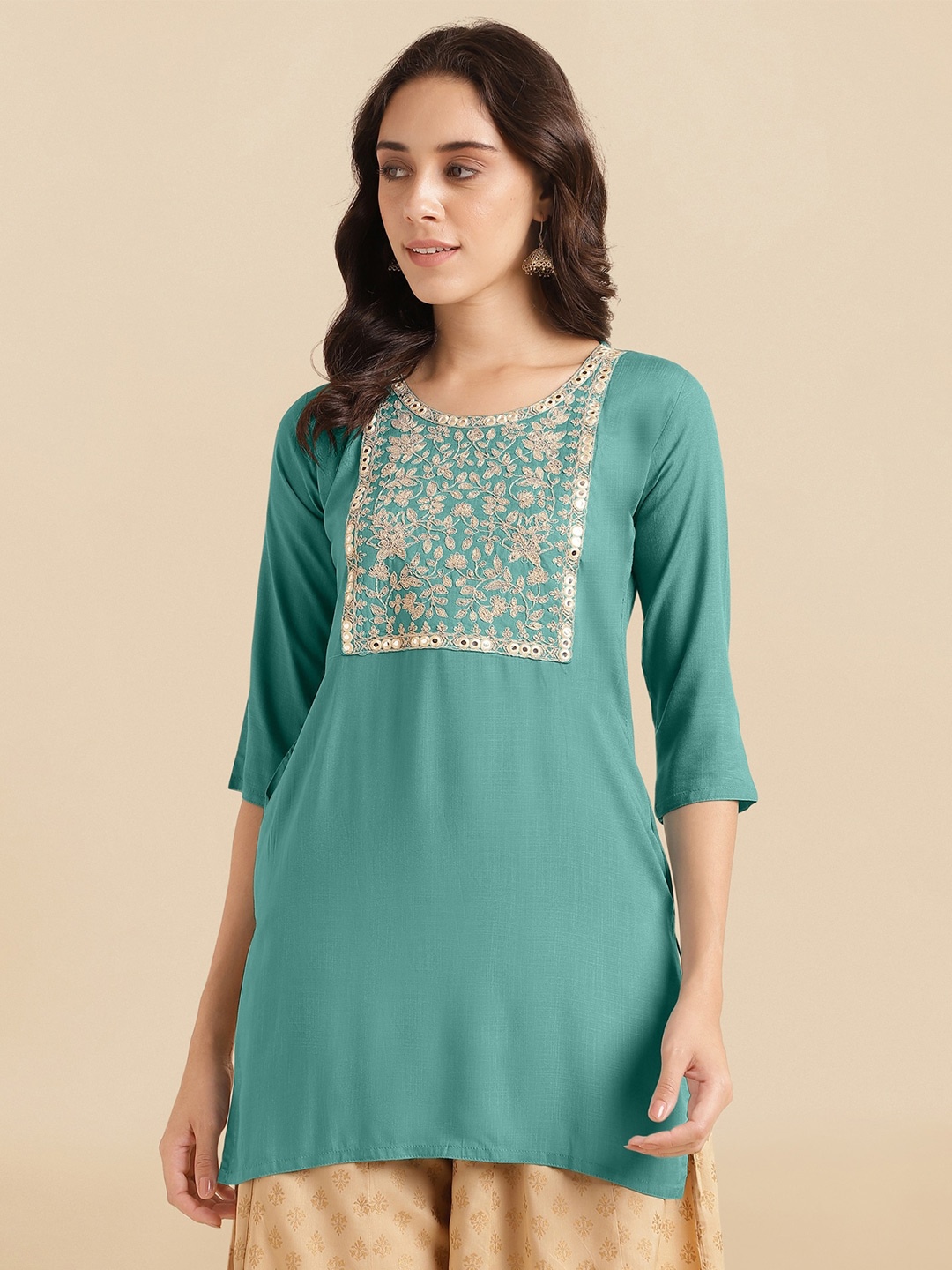 

KALINI Floral Yoke Design Straight Kurti, Green