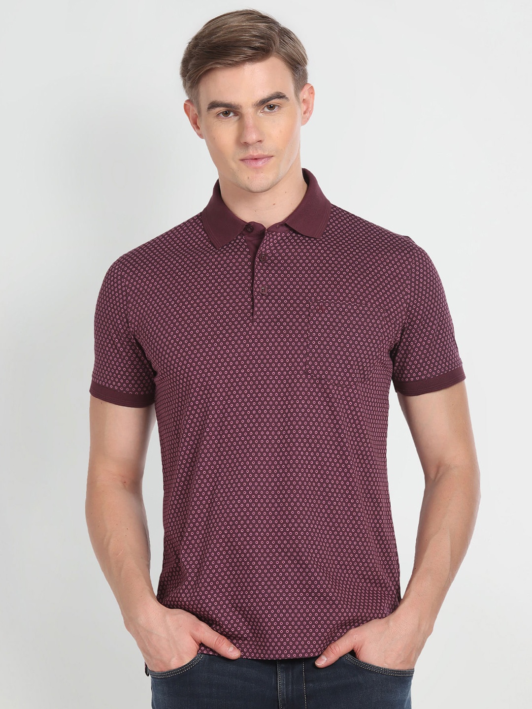 

Arrow Geometric Printed Pure Cotton Polo Collar T-shirt, Purple