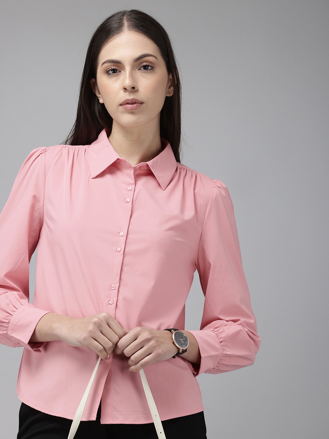 

Van Heusen Woman Puff Sleeves Gathered Formal Shirt, Pink