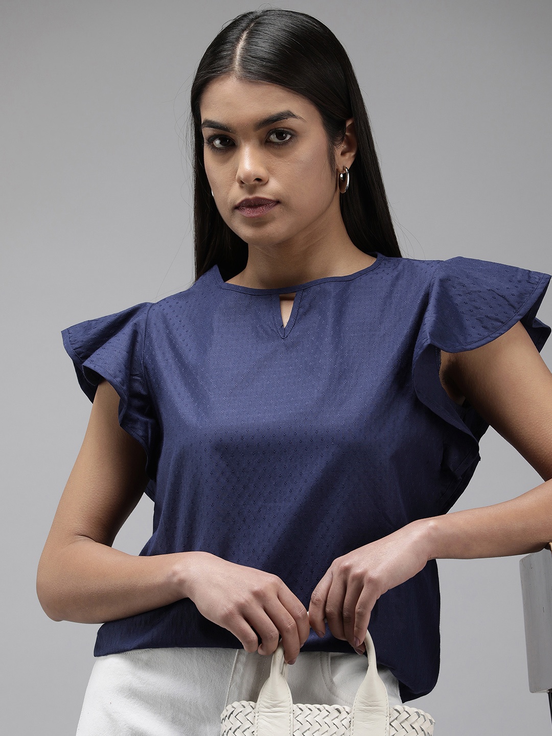 

Van Heusen Woman Self Design Keyhole Neck Flutter Sleeves Top, Navy blue