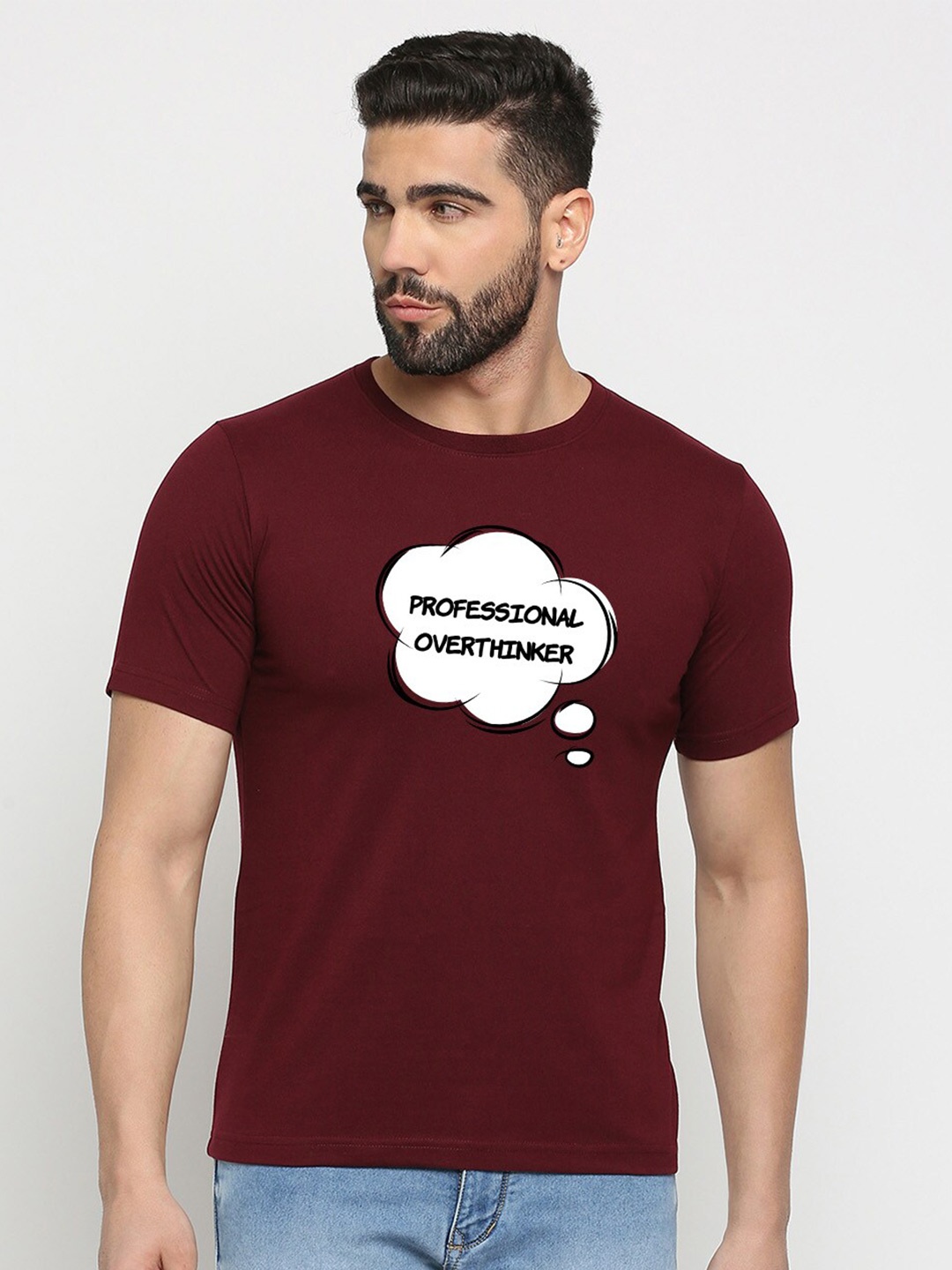 

MOD ECRU Typography Printed Round Neck Cotton Casual T-shirt, Maroon