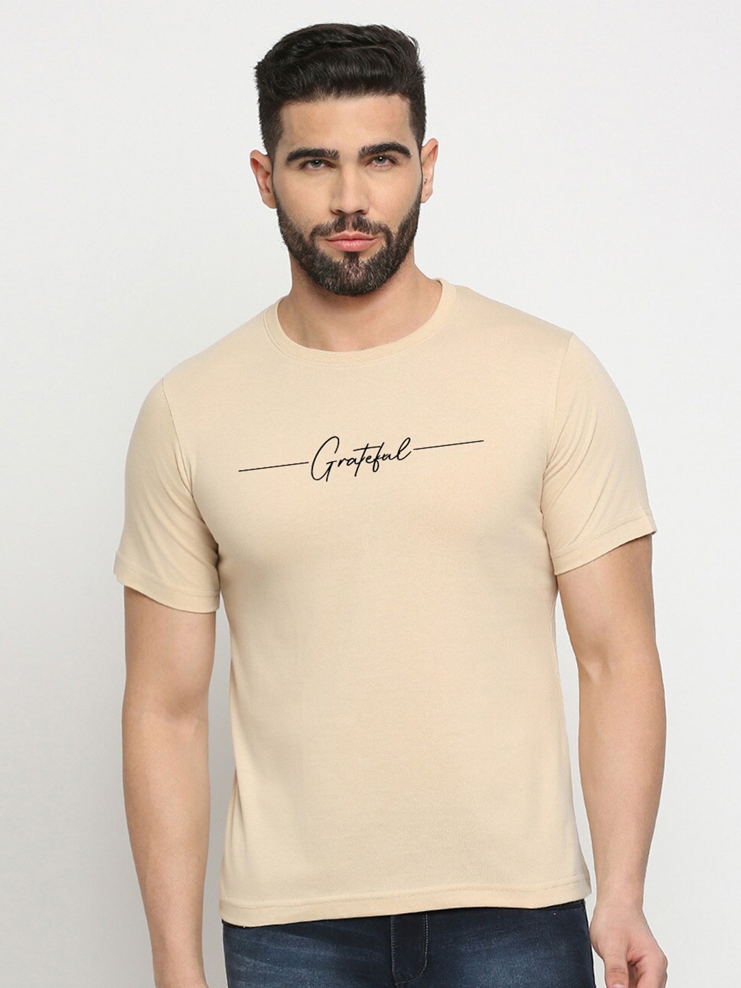 

MOD ECRU Typography Printed Round Neck Cotton Casual T-shirt, Cream