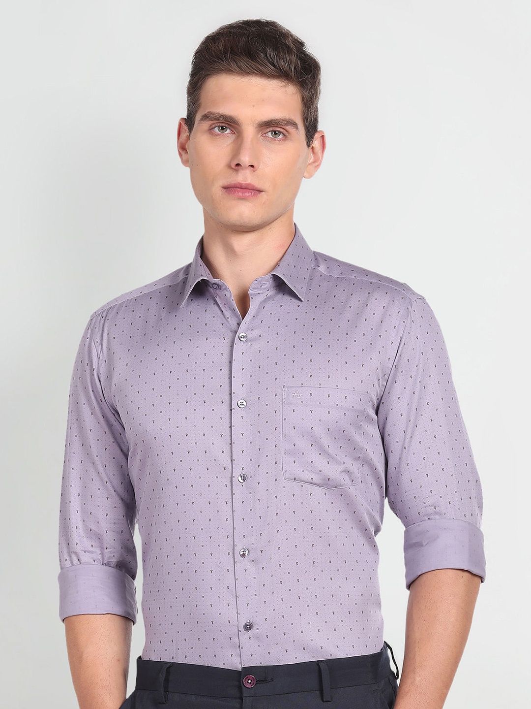 

Arrow Slim Fit Micro Ditsy Printed Spread Collar Cotton Formal Shirt, Purple