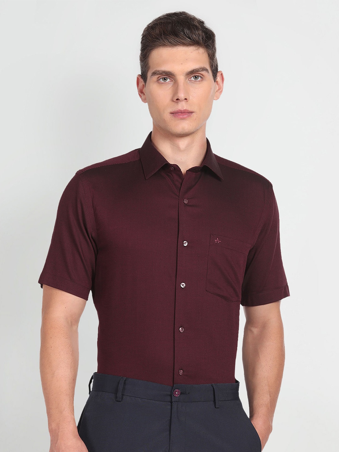 

Arrow Self Design Spread Collar Short Sleeves Pure Cotton Formal Shirt, Red