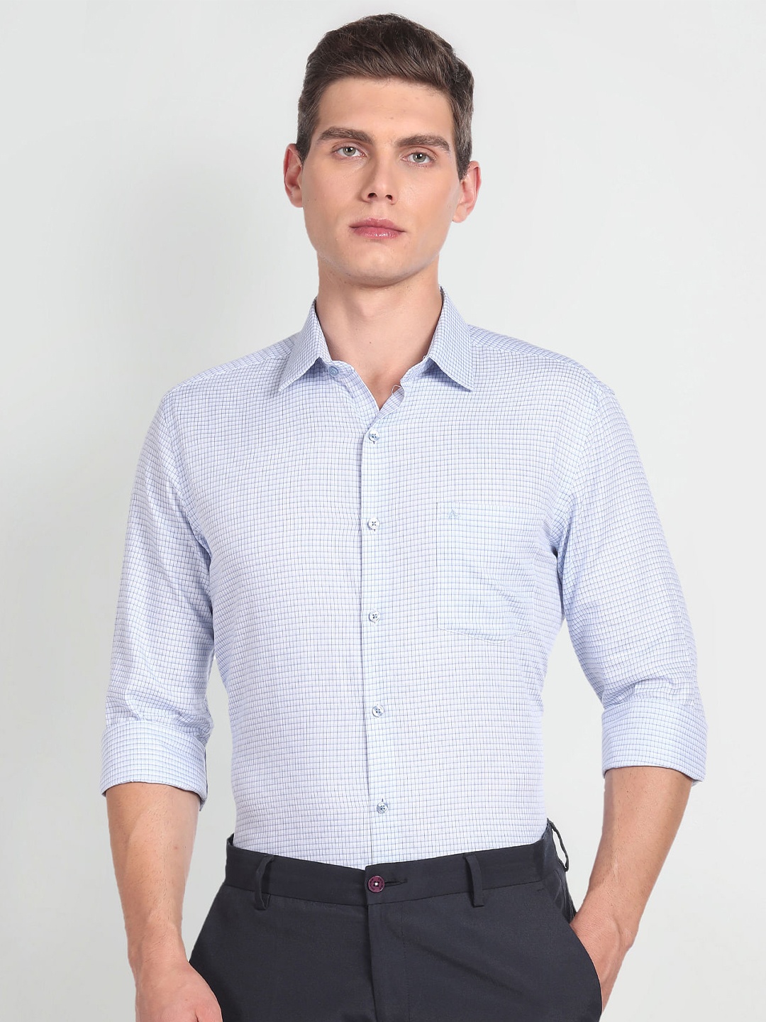 

Arrow Slim Fit Checked Spread Collar Long Sleeves Pure Cotton Twill Formal Shirt, Blue