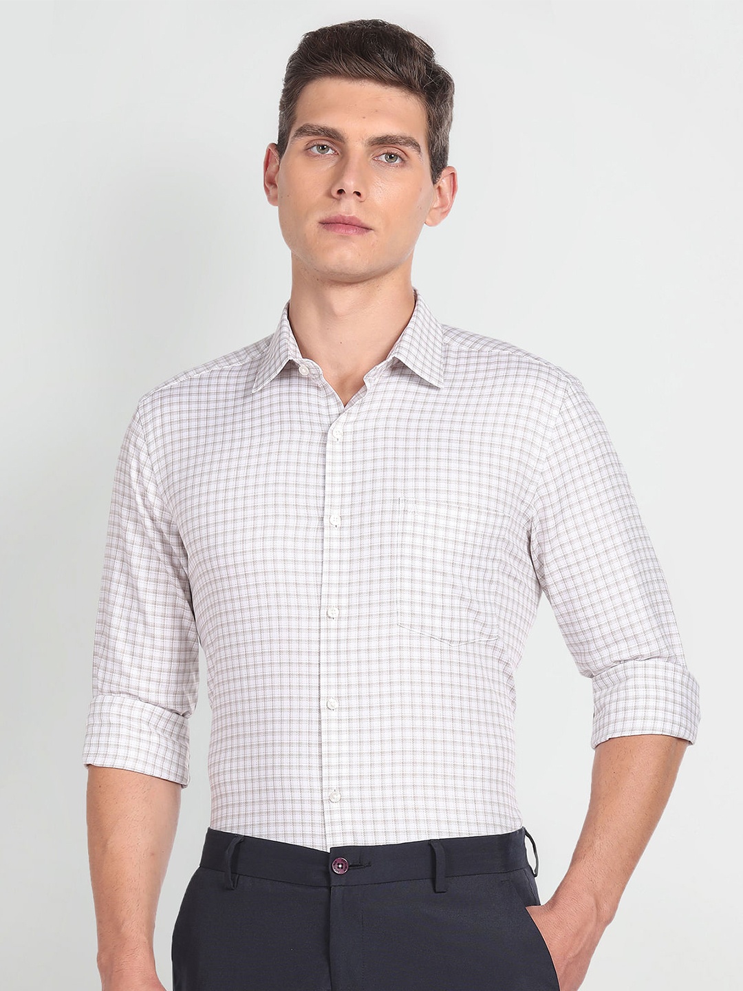 

Arrow Slim Fit Grid Tattersall Checks Spread Collar Cotton Formal Shirt, White