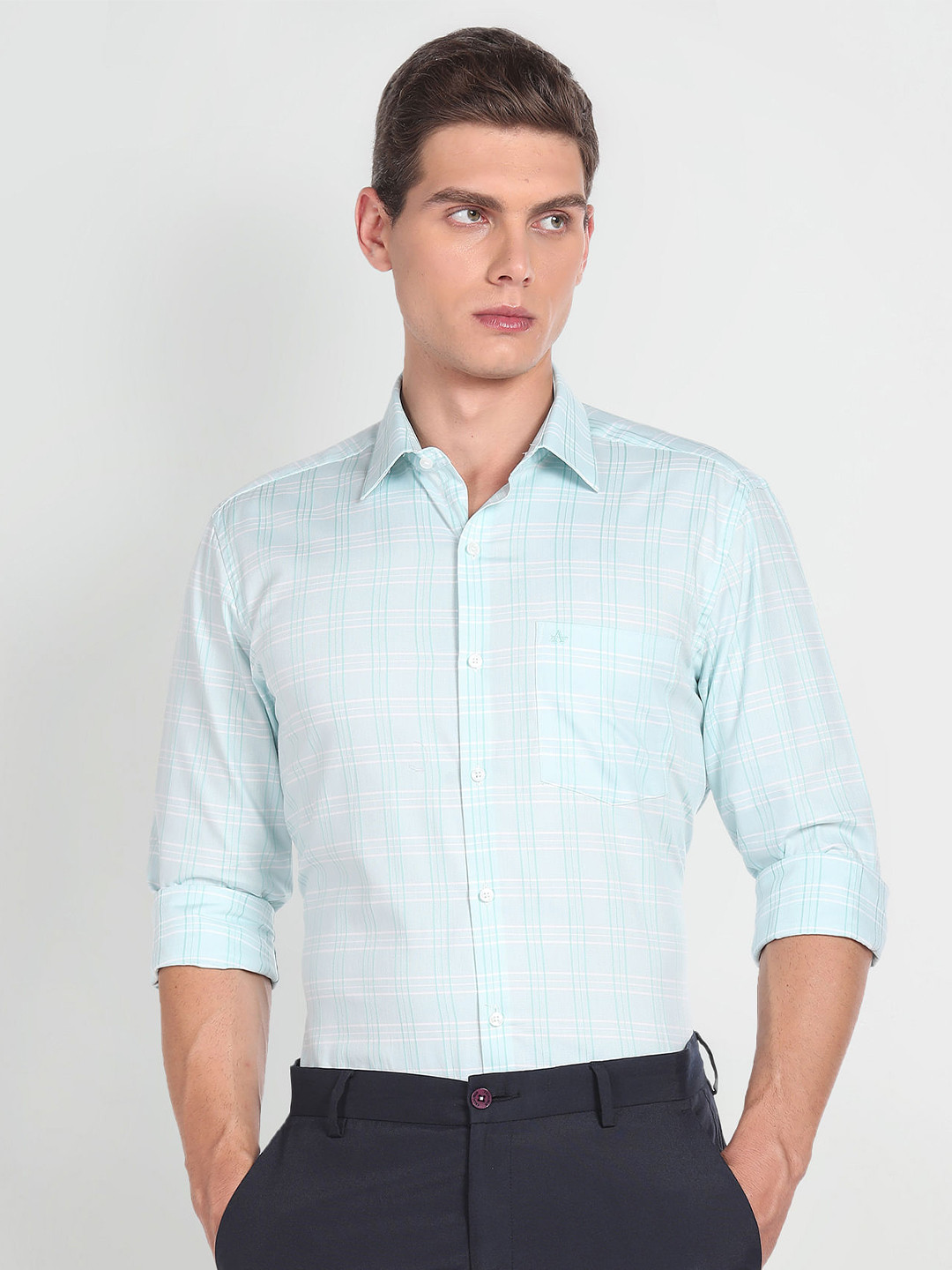 

Arrow Checked Spread Collar Long Sleeves Pure Cotton Formal Shirt, Blue
