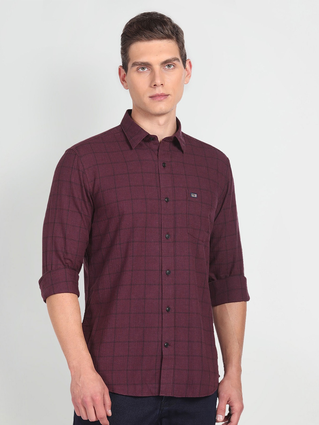 

Arrow Sport Slim Fit Checked Cutaway Collar Pure Cotton Casual Shirt, Burgundy
