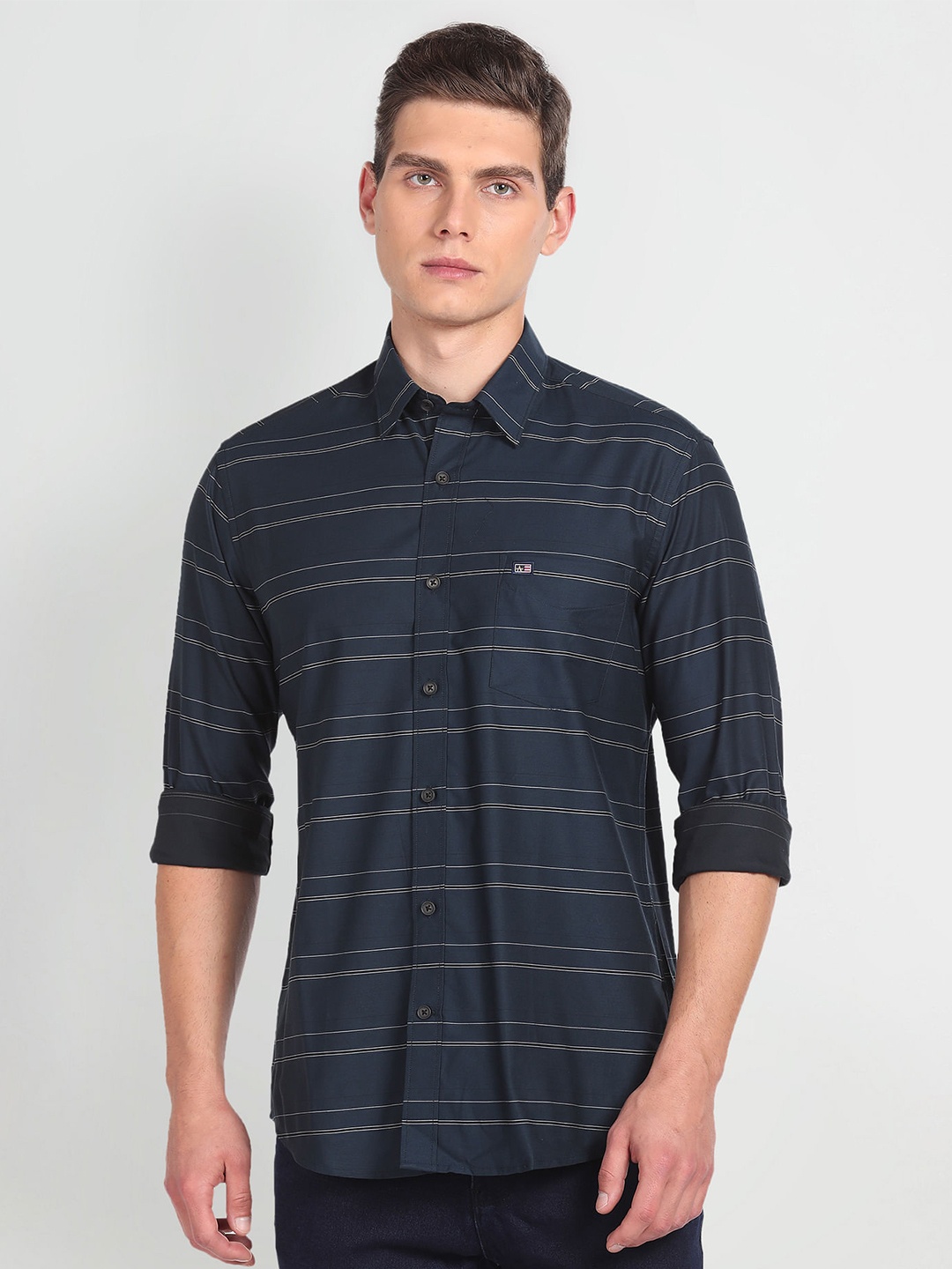 

Arrow Sport Slim Fit Horizontal Stripes Twill Cotton Casual Shirt, Blue