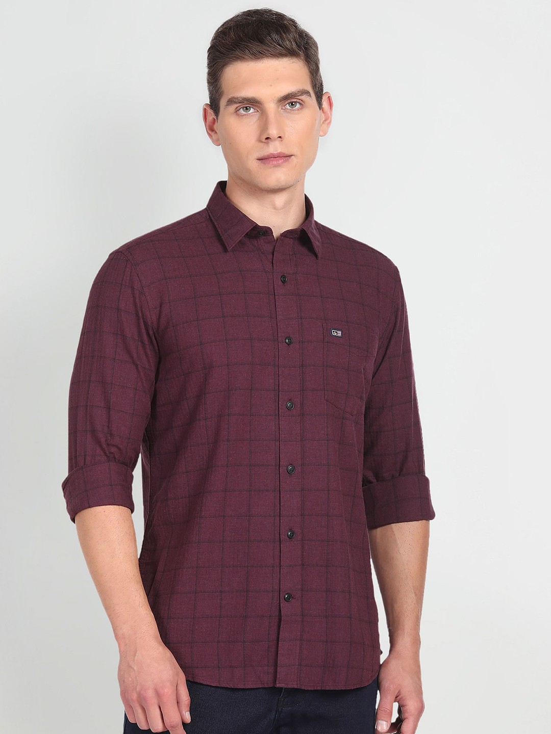 

Arrow Sport Slim Fit Checked Cutaway Collar Pure Cotton Casual Shirt, Purple