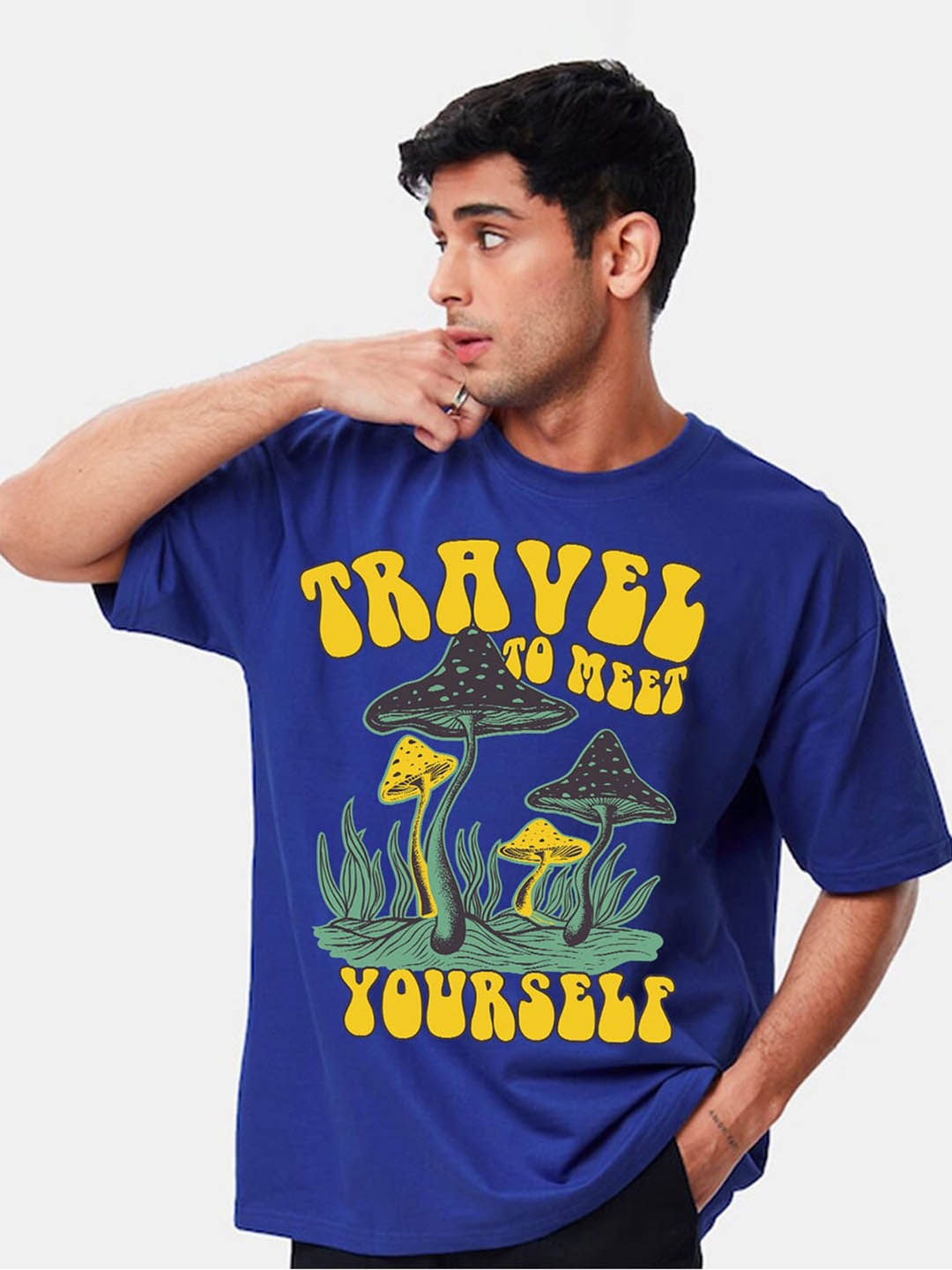 

VEIRDO Typography Printed Oversized Cotton T-shirt, Blue